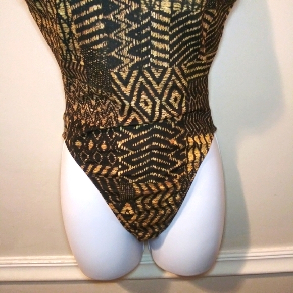 Vintage 1990's/Y2K Tribal Print Baja Blue Tan/Black High-Cut One Piece Swimsuit - Picture 3 of 12